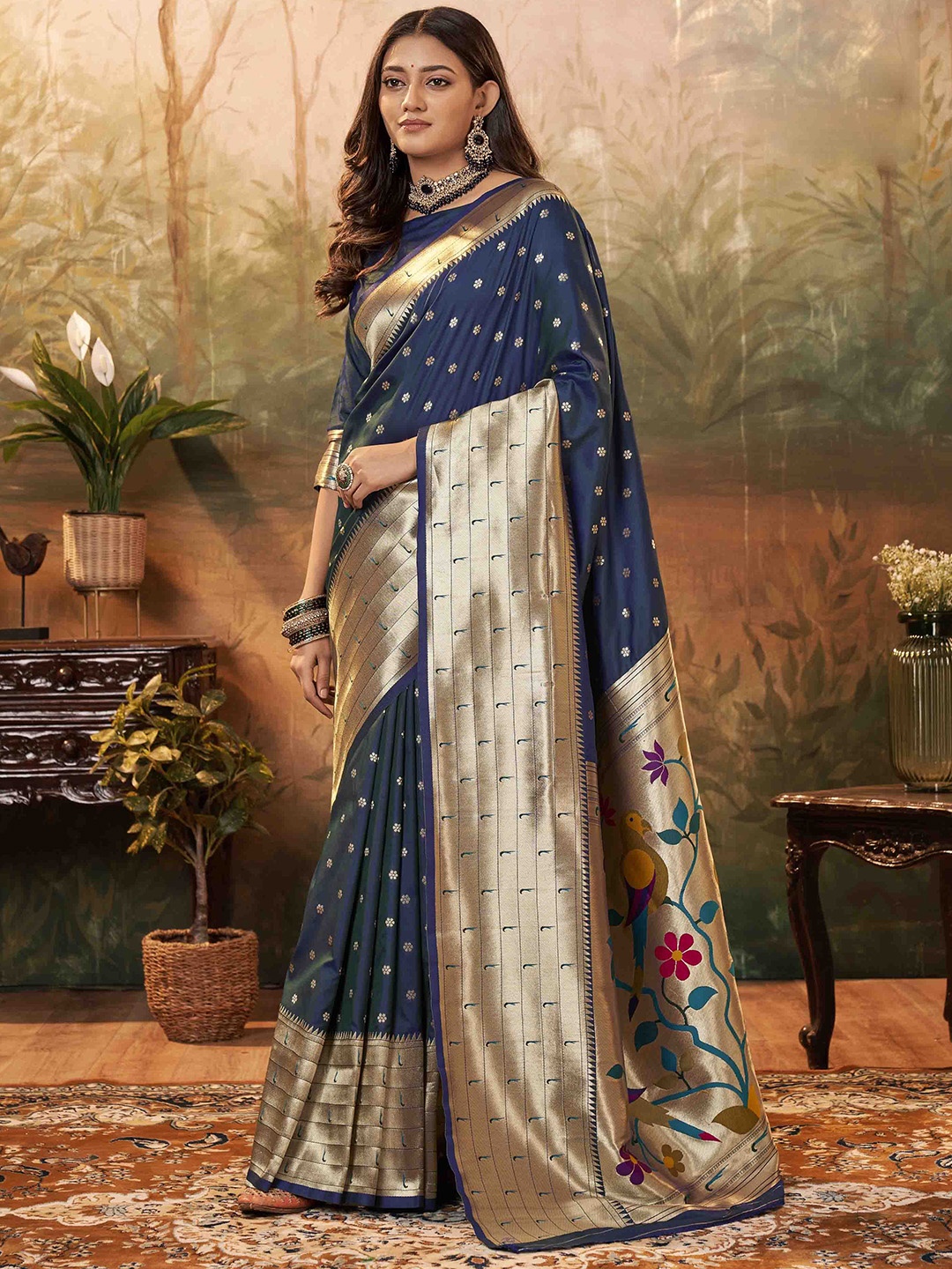 

DIVASTRI Woven Design Zari Silk Blend Paithani Saree, Navy blue