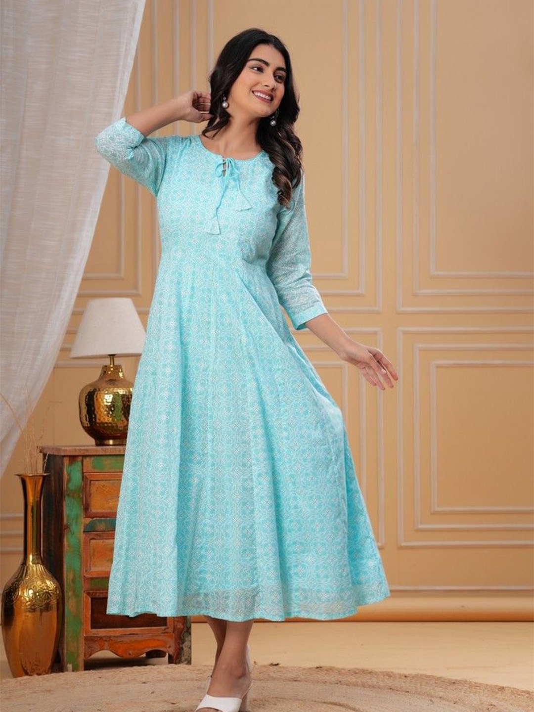 

Kanahari Ethnic Motifs Printed Tie-Up Neck Cotton Fit & Flare Midi Dress, Blue