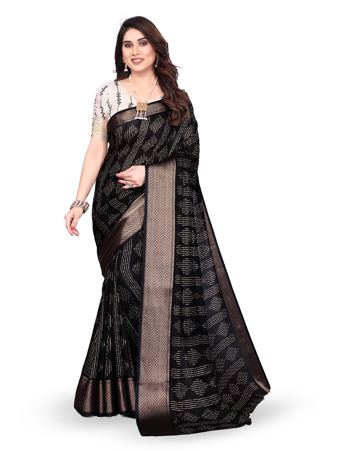 

MAGNEITTA Silk Blend Fusion Saree, Black