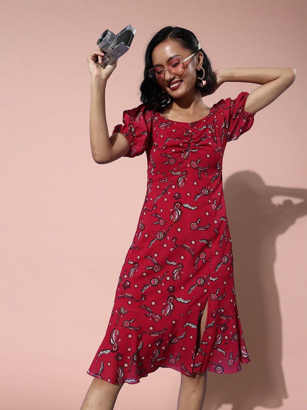 

all about you Floral Print Flutter Sleeve Georgette Fit & Flare Midi Dress, Multi