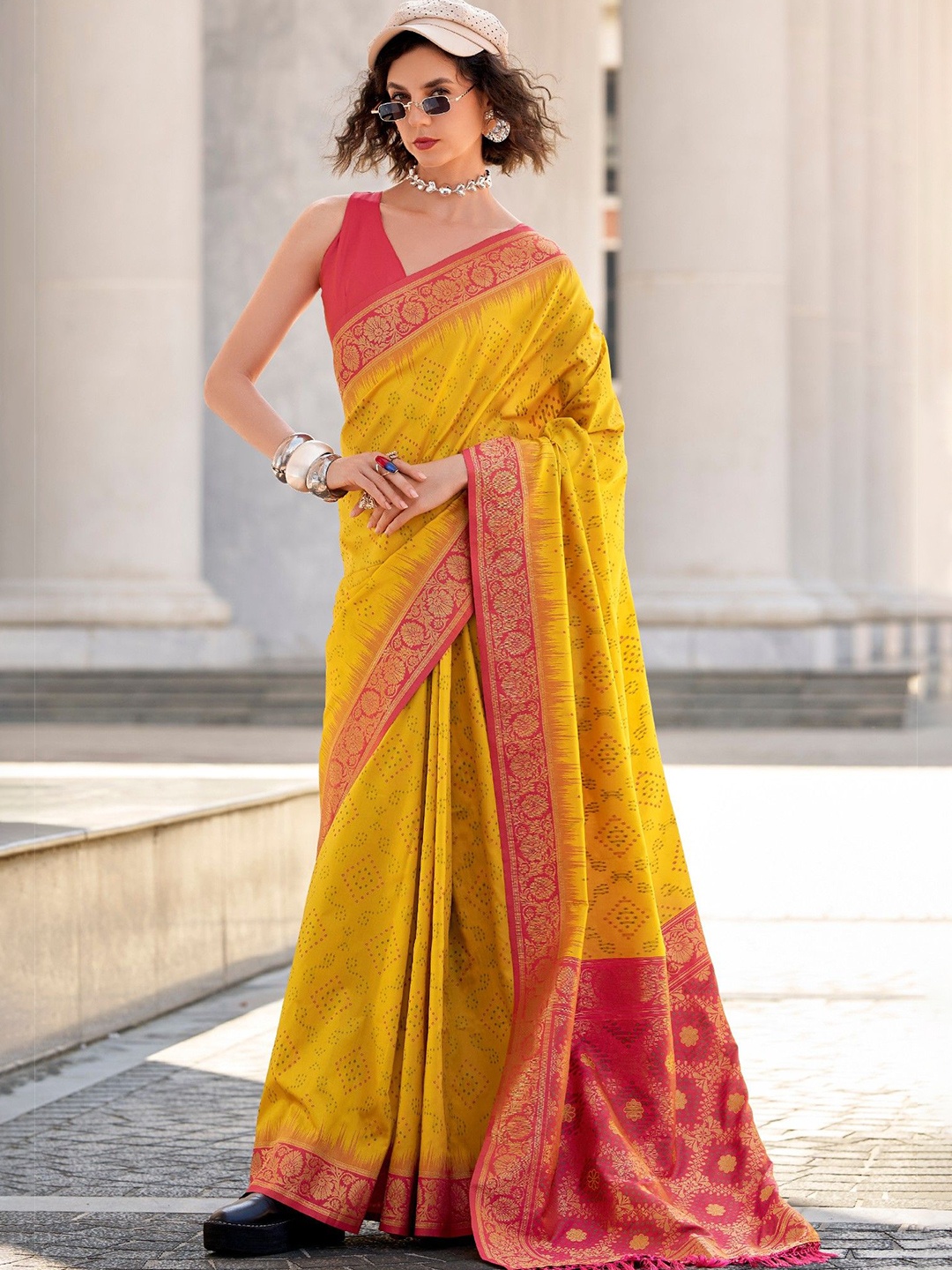 

MySilkLove Fuel Yellow Woven Banarasi Bandhani Soft Silk Saree
