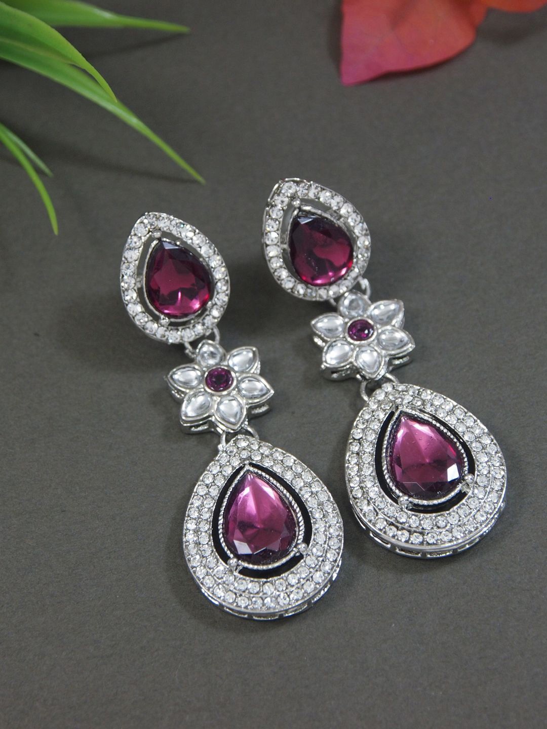 

I Jewels Silver-Plated Artificial Stones Studded Teardrop Shaped Drop Earrings