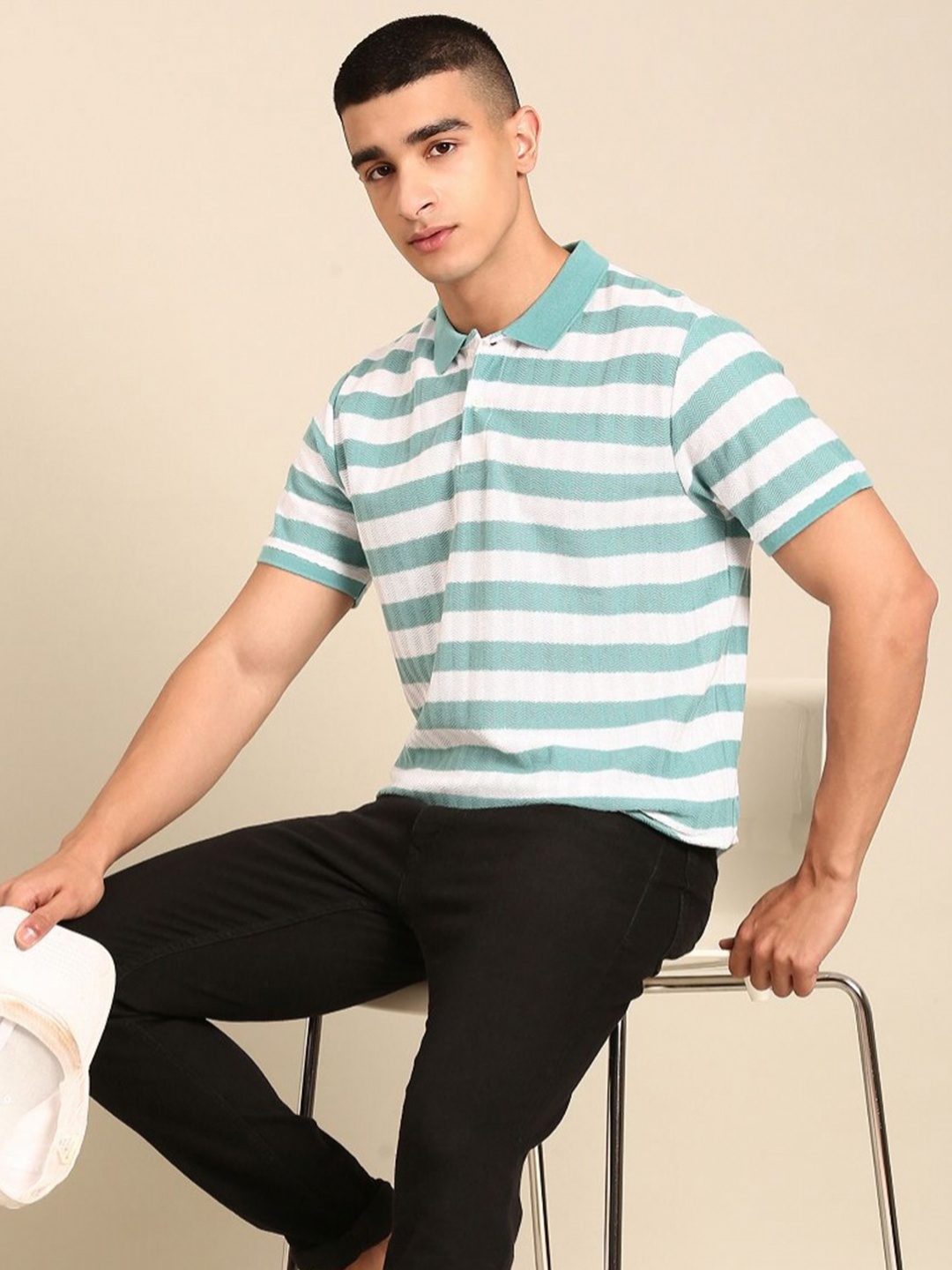 

Provogue Men Striped Polo Collar Dri-FIT T-shirt, Sea green