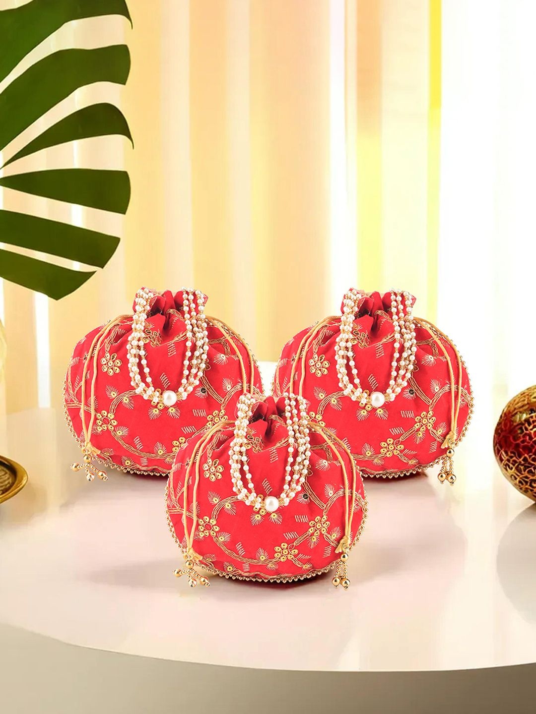 

Kuber Industries 3 Pcs Polyester Potli Bags for Women Embroidered Potli Clutch, Red