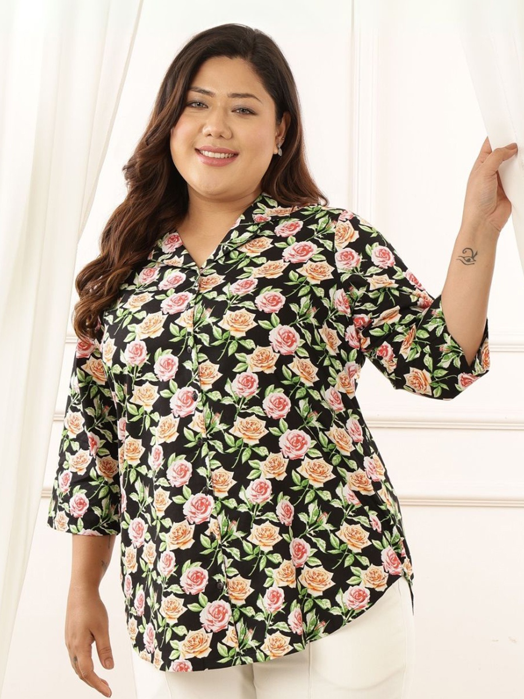 

Amydus Women Comfort Floral Opaque Printed Casual Shirt, Black