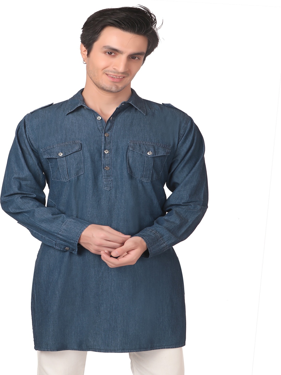 

TCI Denim Shirt Collar Straight Kurta, Blue