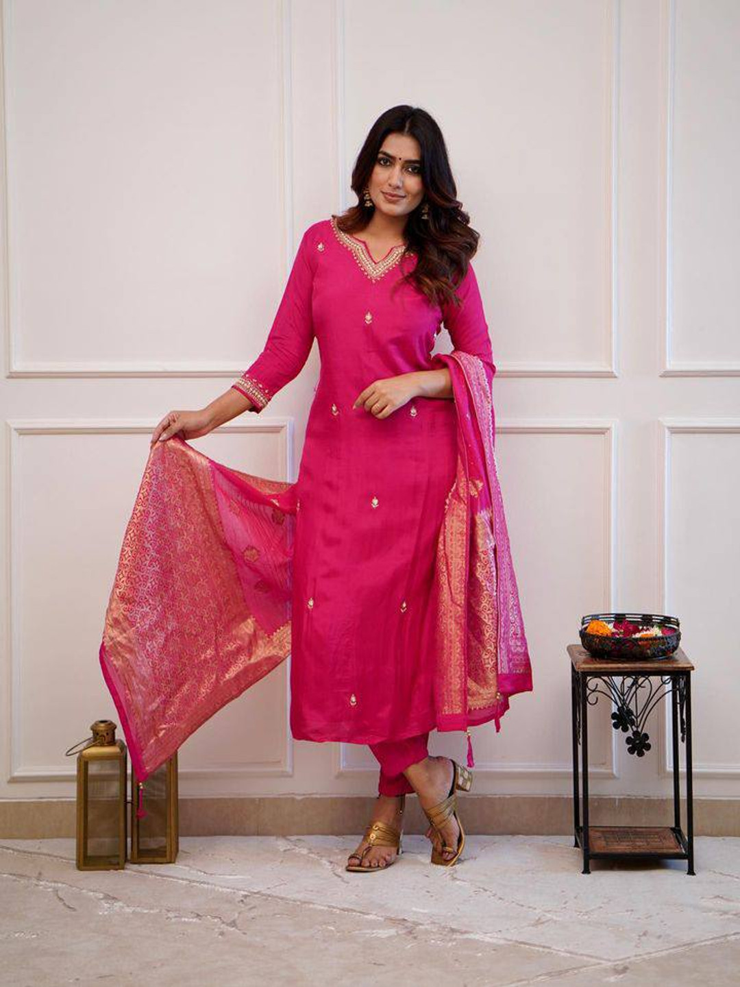 

KALINI Women Embroidered Regular Thread Work Kurta with Trousers & With Dupatta, Pink