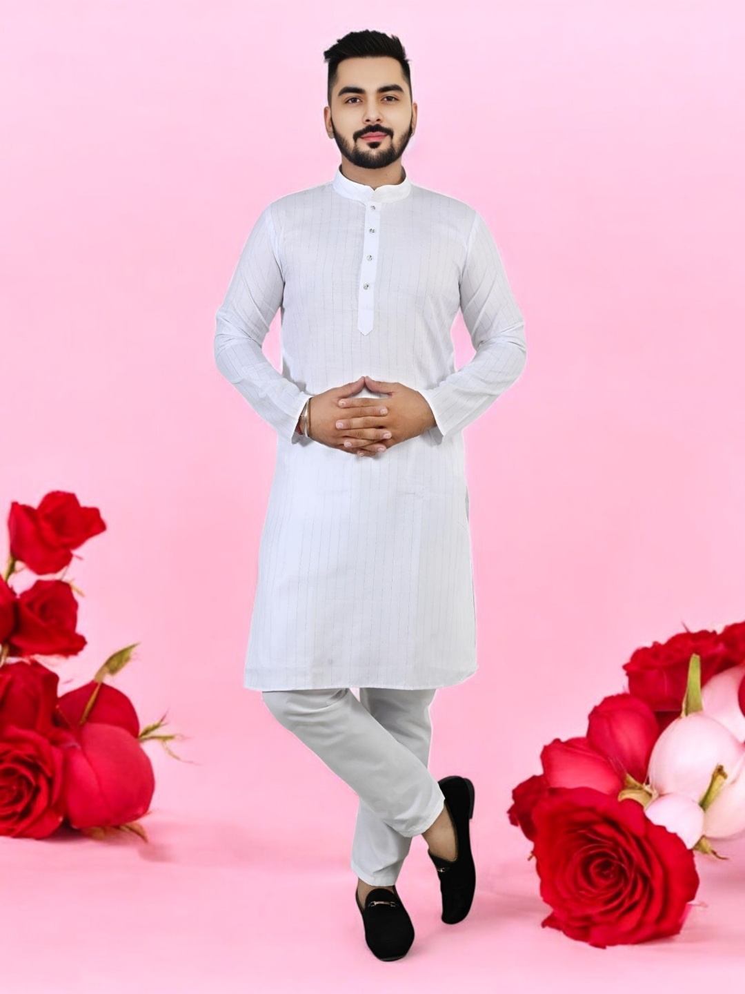 

Atly Striped Band Collar Straight Kurta, White