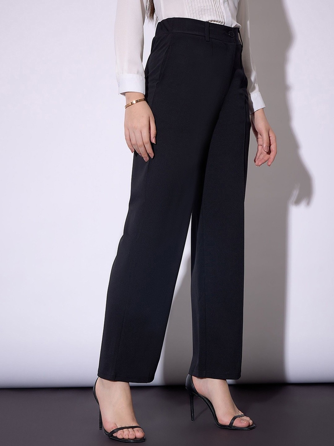 

KALINI Women Relaxed Straight Leg High-Rise Trousers, Black