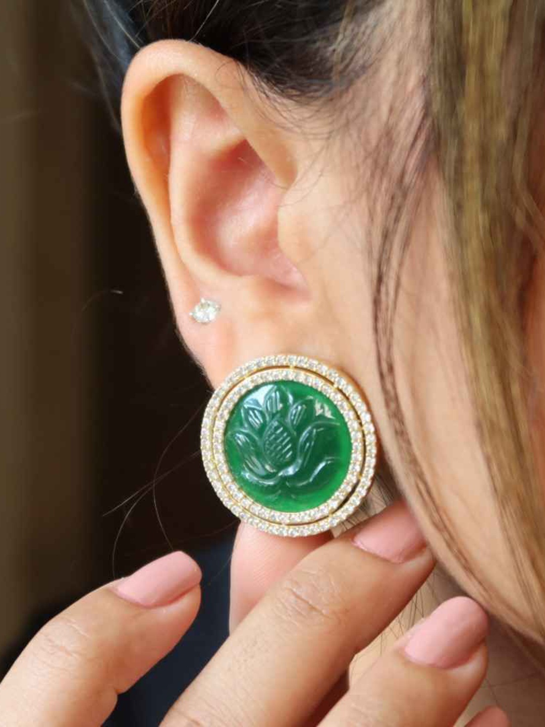 

MNSH Brass-Plated Circular Shaped Royal Lotus Emerald Studs, Gold