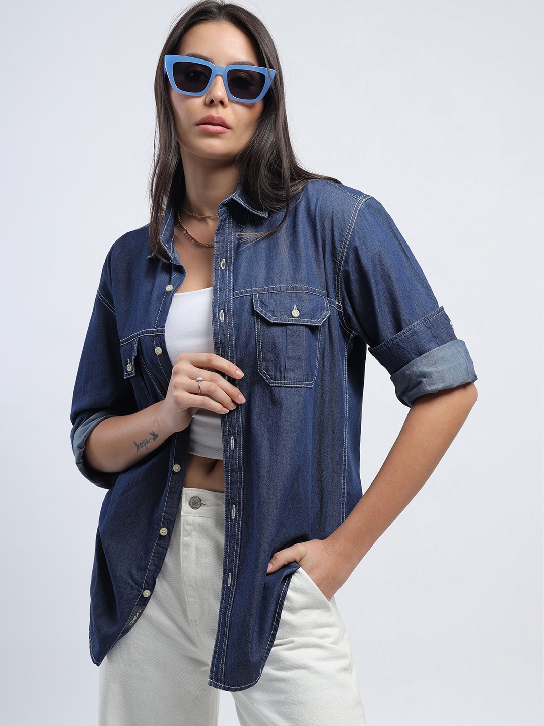

Noggah Women Opaque Casual Shirt, Blue