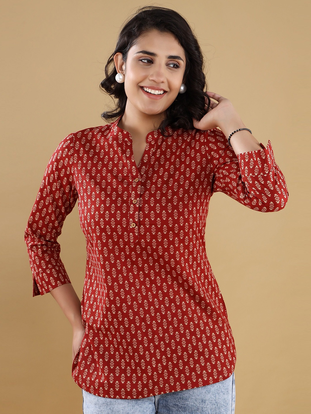 

VASVI Floral Print Mandarin Collar Cotton Top, Rust