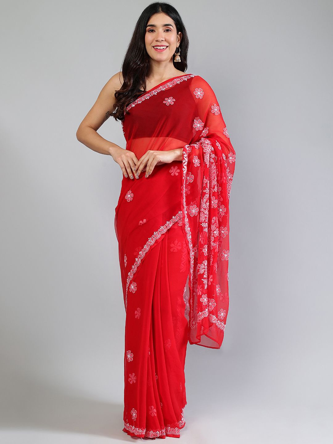 

Seva Chikan Floral Embroidered Poly Georgette Saree, Red