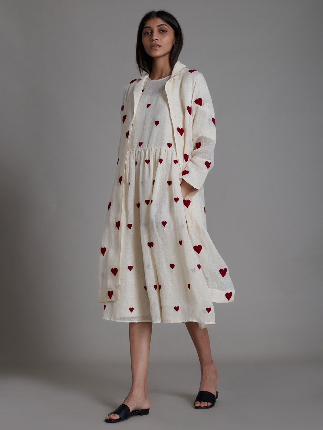 

MATI Print Linen Fit & Flare Midi Dress, White