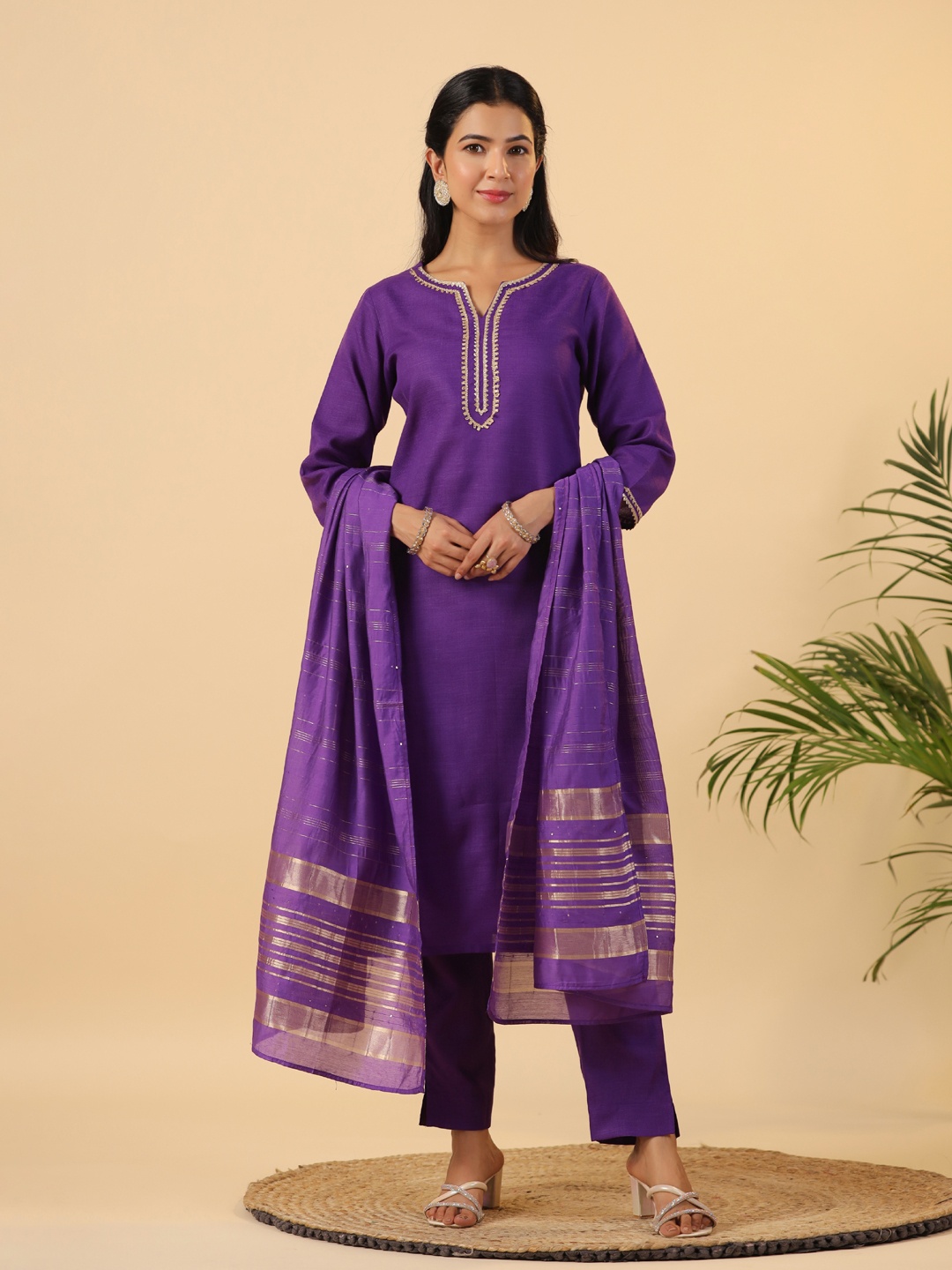 

KALINI Women Regular Gotta Patti Pure Cotton Kurta with Trousers & With Dupatta, Purple