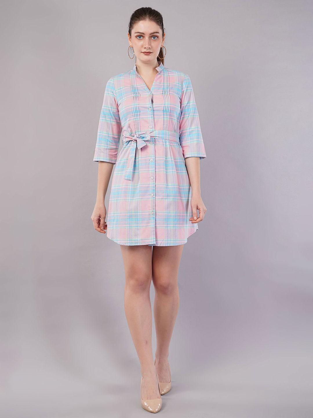 

FLY STITCH Checked A-Line Mini Dress, Pink