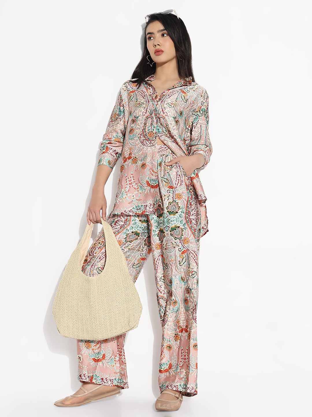 

SHOWOFF Floral Printed Shirt With Palazzo, Peach