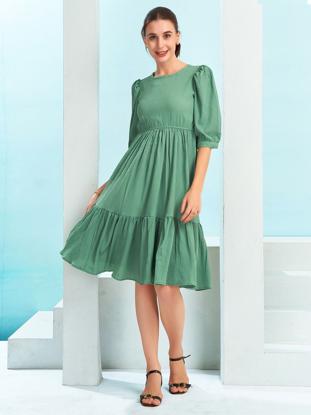 

Moda Rapido Dyed Puff Sleeve Fit & Flare Midi Dress, Green