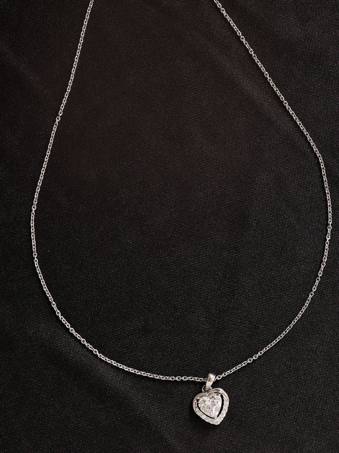 

KIORAH 925 Sterling Silver-Plated CZ Studded Heart Shaped Minimal Pendant With Chain