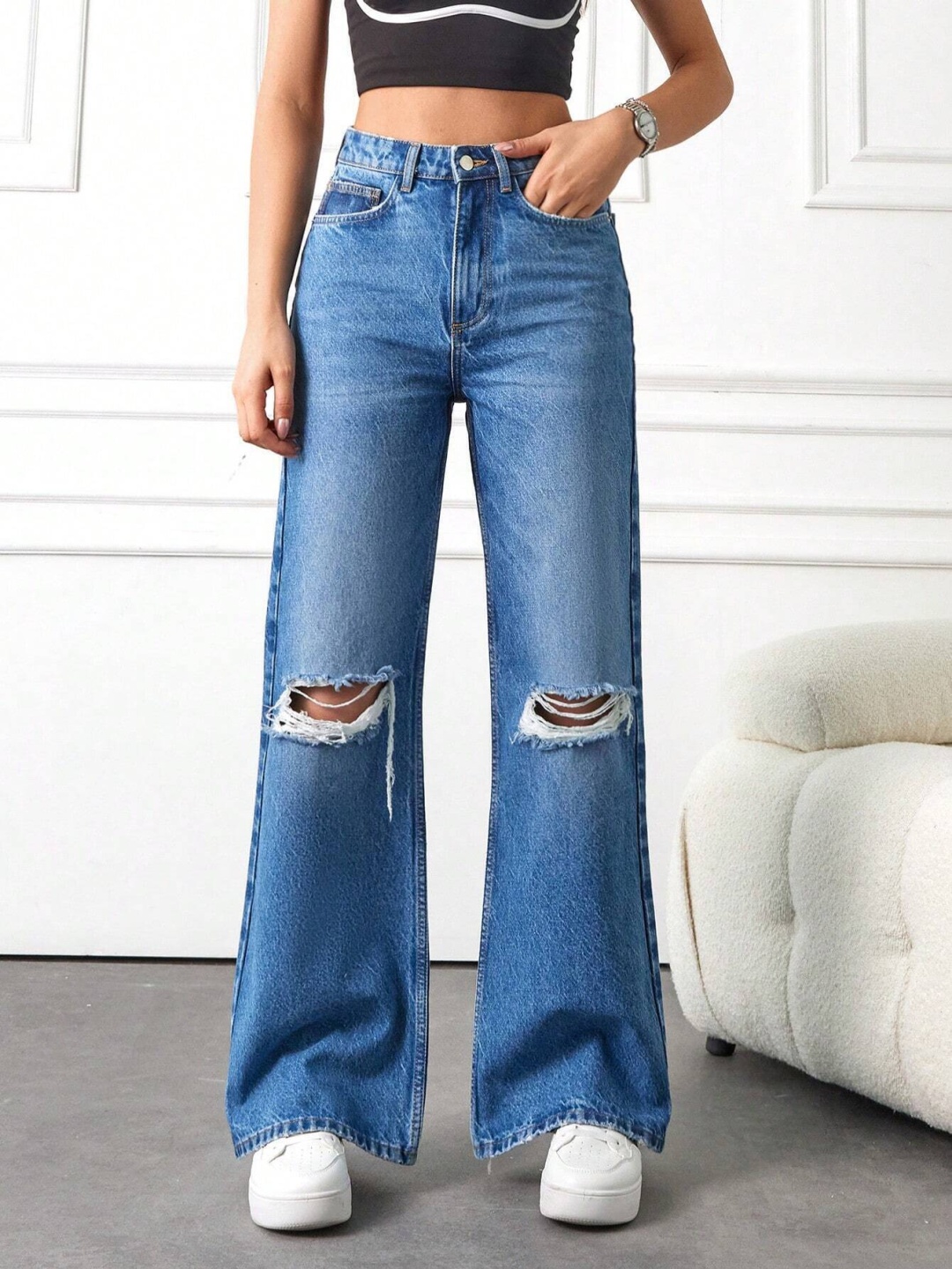 

NU CLOTHS Women Jean Wide Leg High-Rise Light Fade Stretchable Jeans, Blue