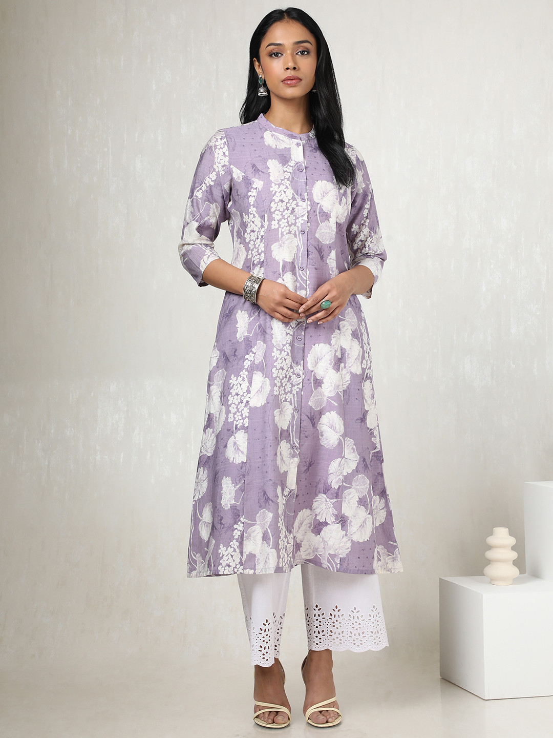 

Soch Floral Printed Mandarin Collar A-Line Kurta, Purple