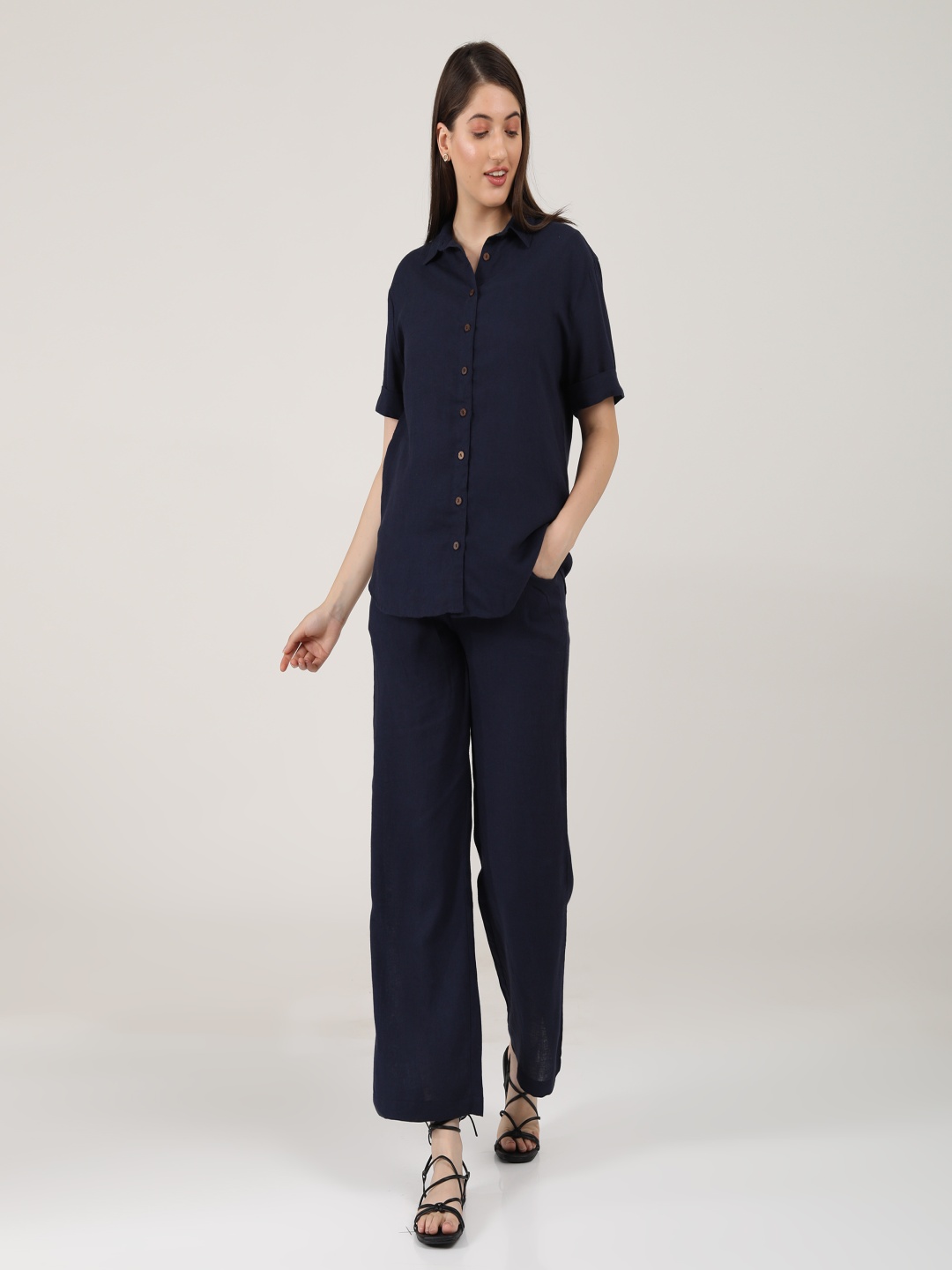 

Saltpetre Linen Short Sleeves Shirt With Trousers Co-Ords, Navy blue