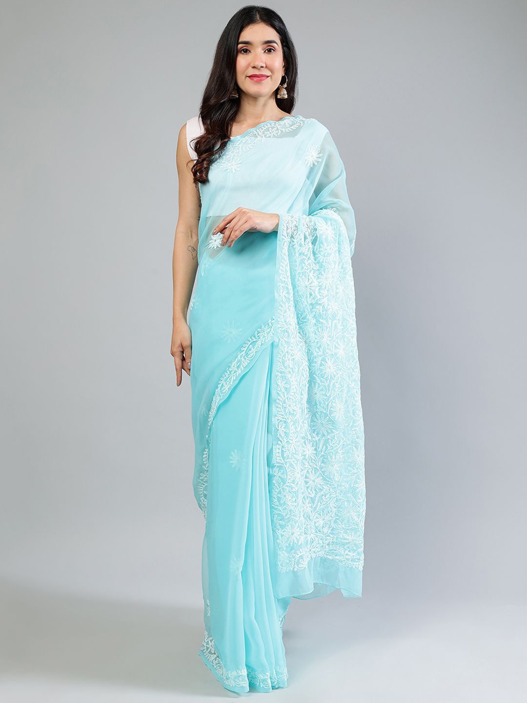 

Seva Chikan Floral Embroidered Poly Georgette Saree, Sea green
