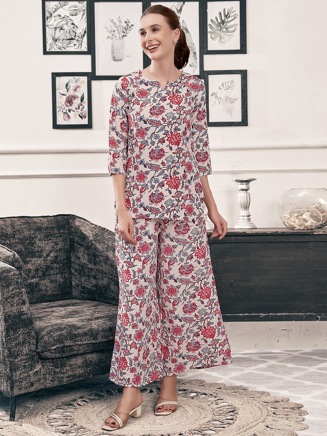 

Moda Rapido Floral Printed Notch Neck Tunic With Palazzo, Cream