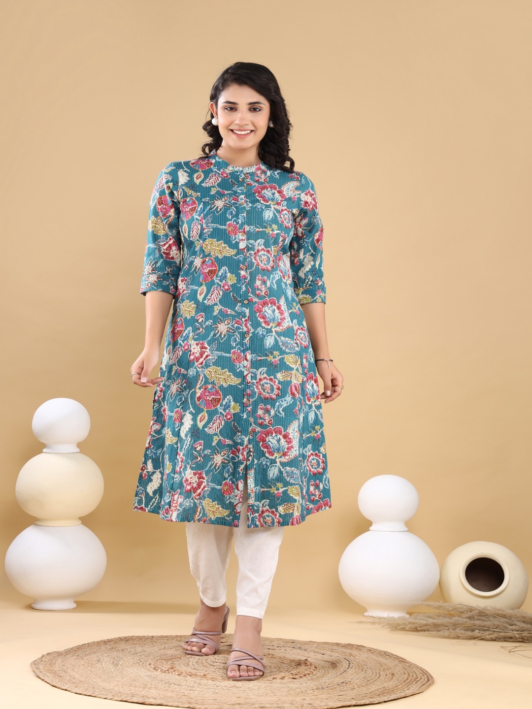 

Chandbaali Floral Printed Mandarin Collar Cotton A-Line Kurta, Teal