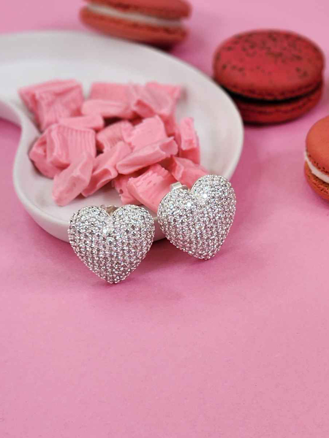 

MNSH Brass-Plated Stone Studded Heart Shaped Studs, Silver