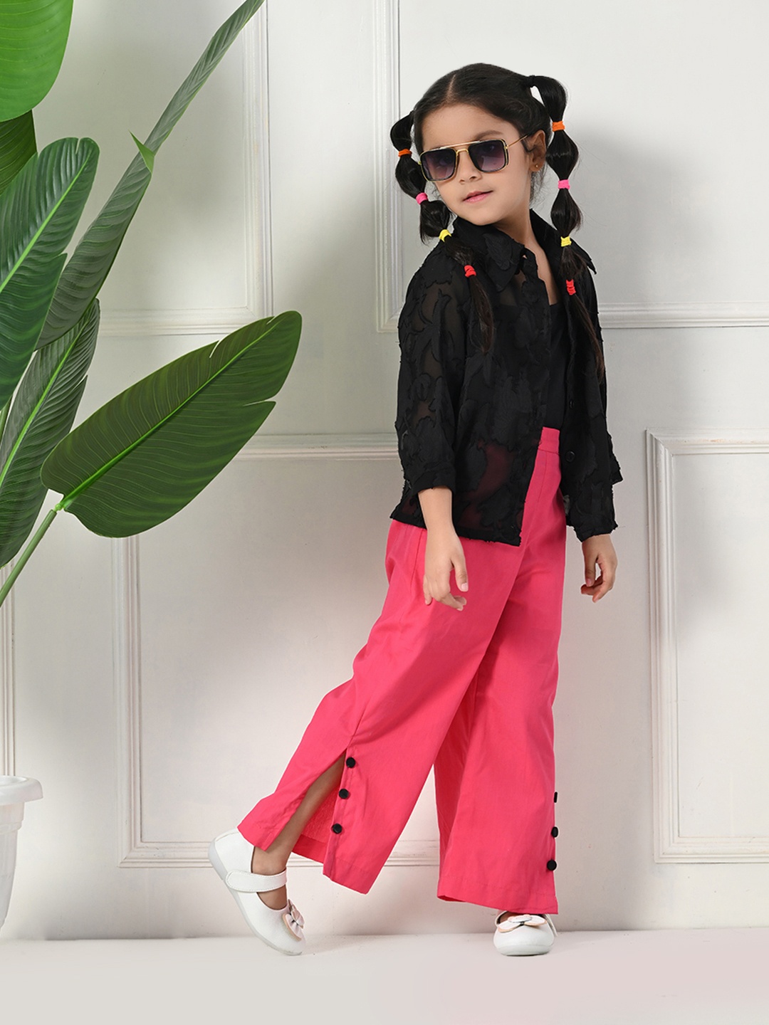 

Bella Moda Girls Embroidered Shirt Collar Pure Collar Shirt With Trousers, Black