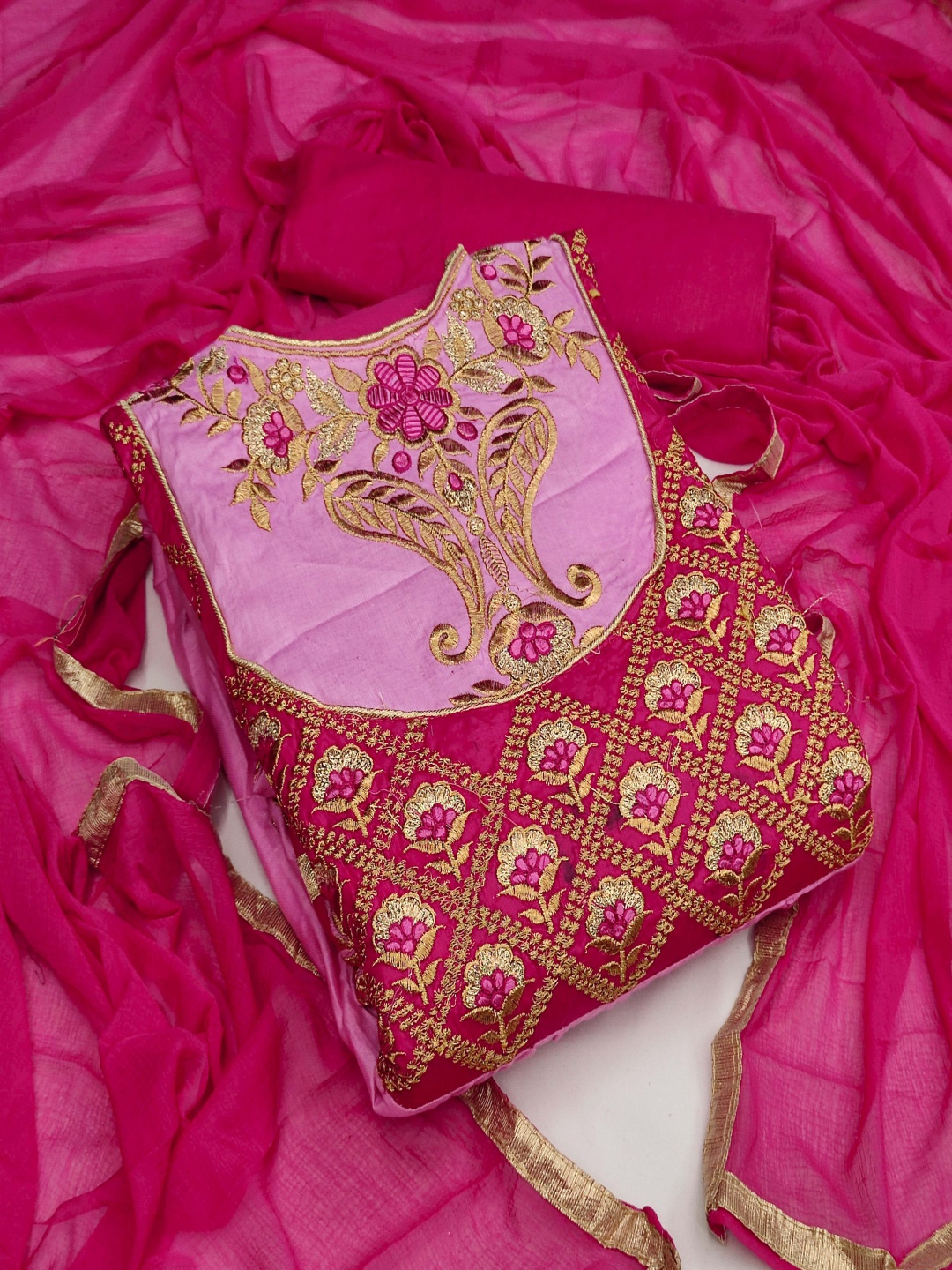 

HERE&NOW Floral Embroidered Thread Work Unstitched Dress Material, Pink