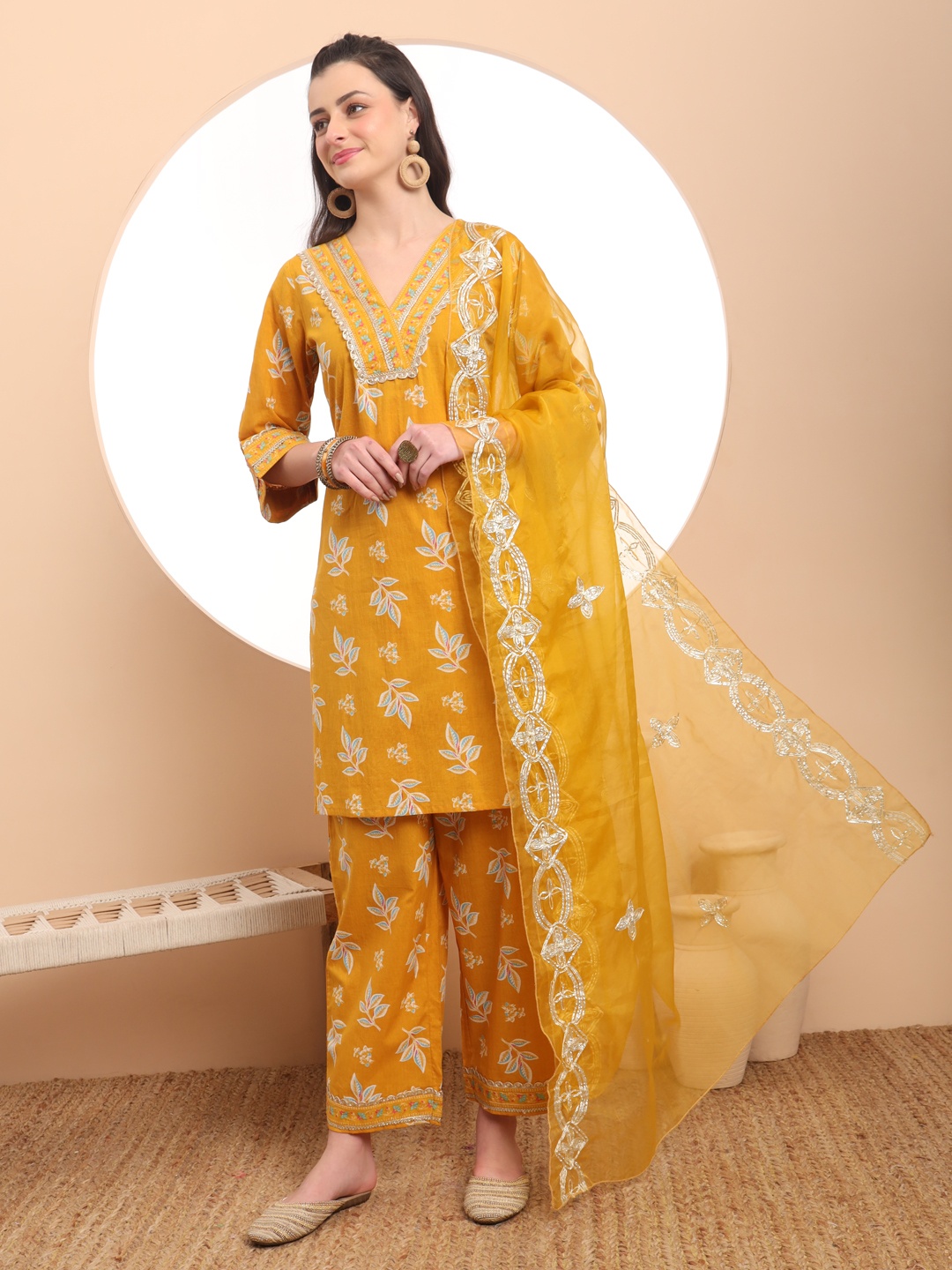 

Yufta Women Floral Embroidered Regular Pure Cotton Kurta with Trousers & With Dupatta, Mustard