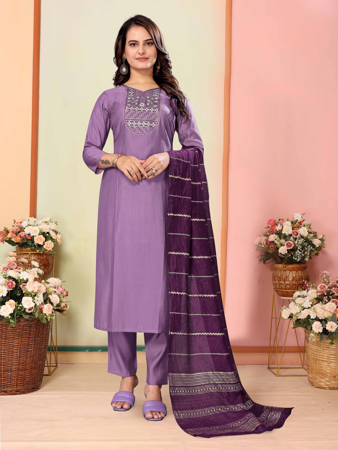 

Fashion FRICKS Women Ethnic Motifs Embroidered Regular Sequinned Kurta with Palazzos & With Dupatta, Purple