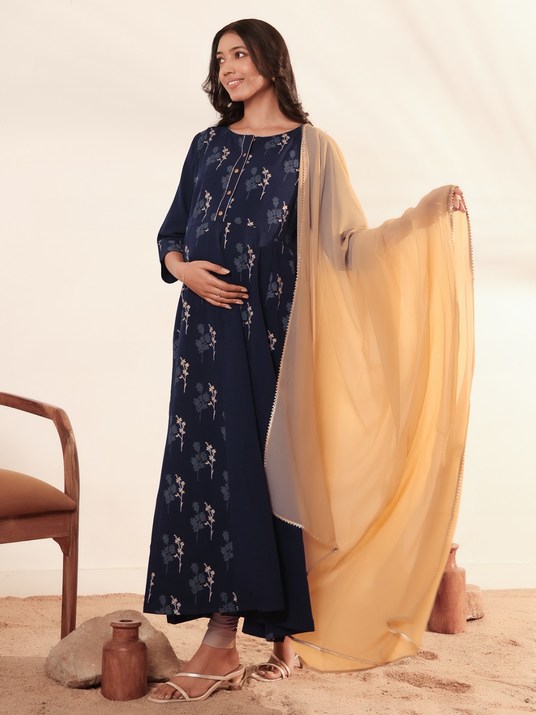 

KALINI Floral Printed Round Neck Anarkali Maternity Kurta and Dupatta, Navy blue