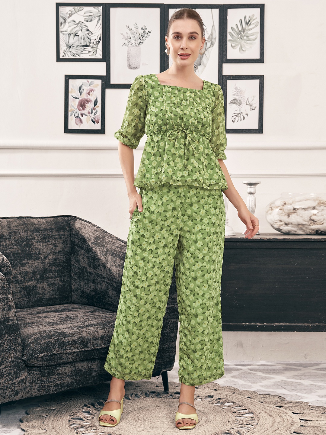 

Moda Rapido Printed Square Neck Top With Trousers, Green