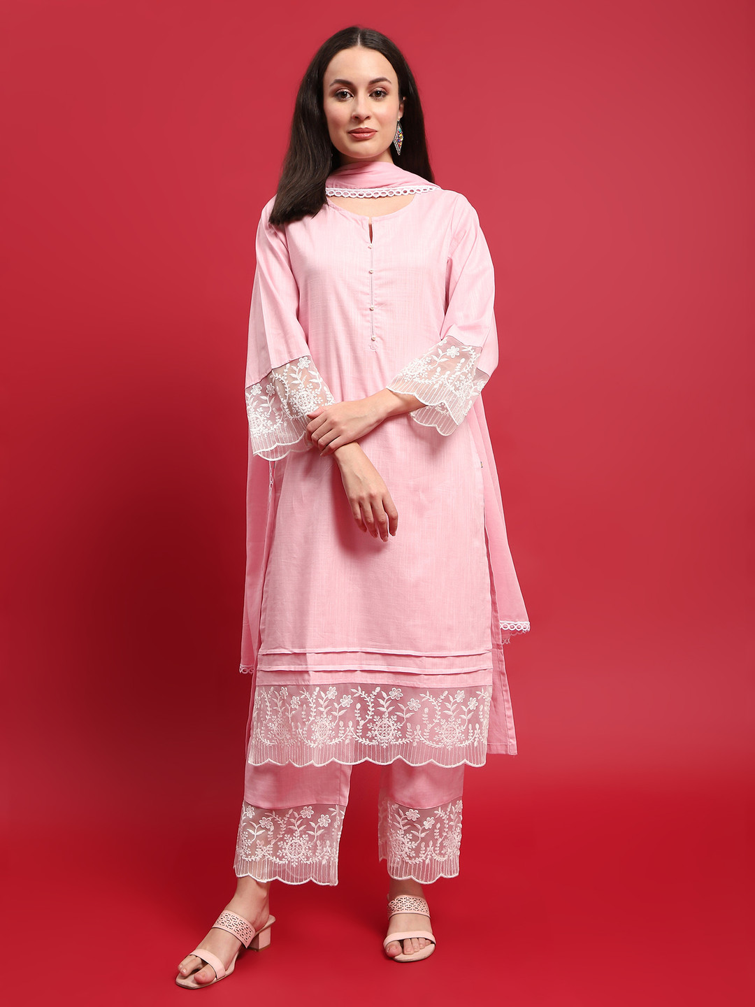 

Shree Women Embroidered Regular Thread Work Pure Cotton Kurta with Trousers & With Dupatta, Pink