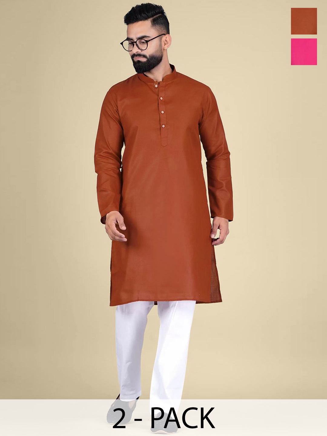 

Moda Rapido Selection Of 2 Mandarin Collar Straight Kurtas, Brown