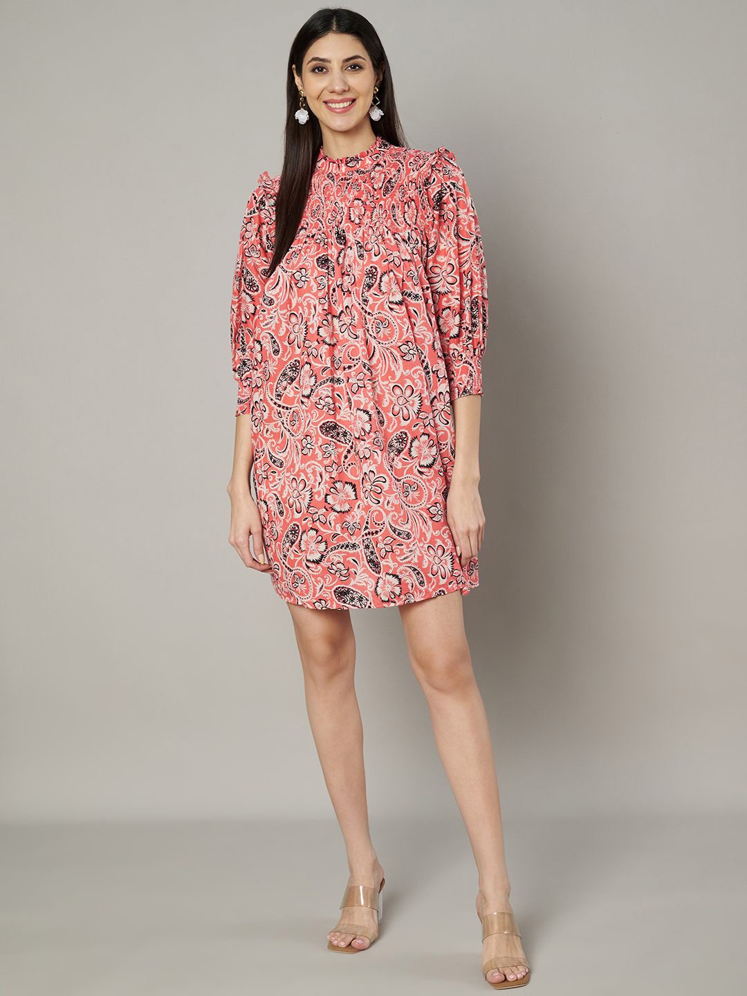 

Amagyaa Floral Print Puff Sleeve A-Line Mini Dress, Coral