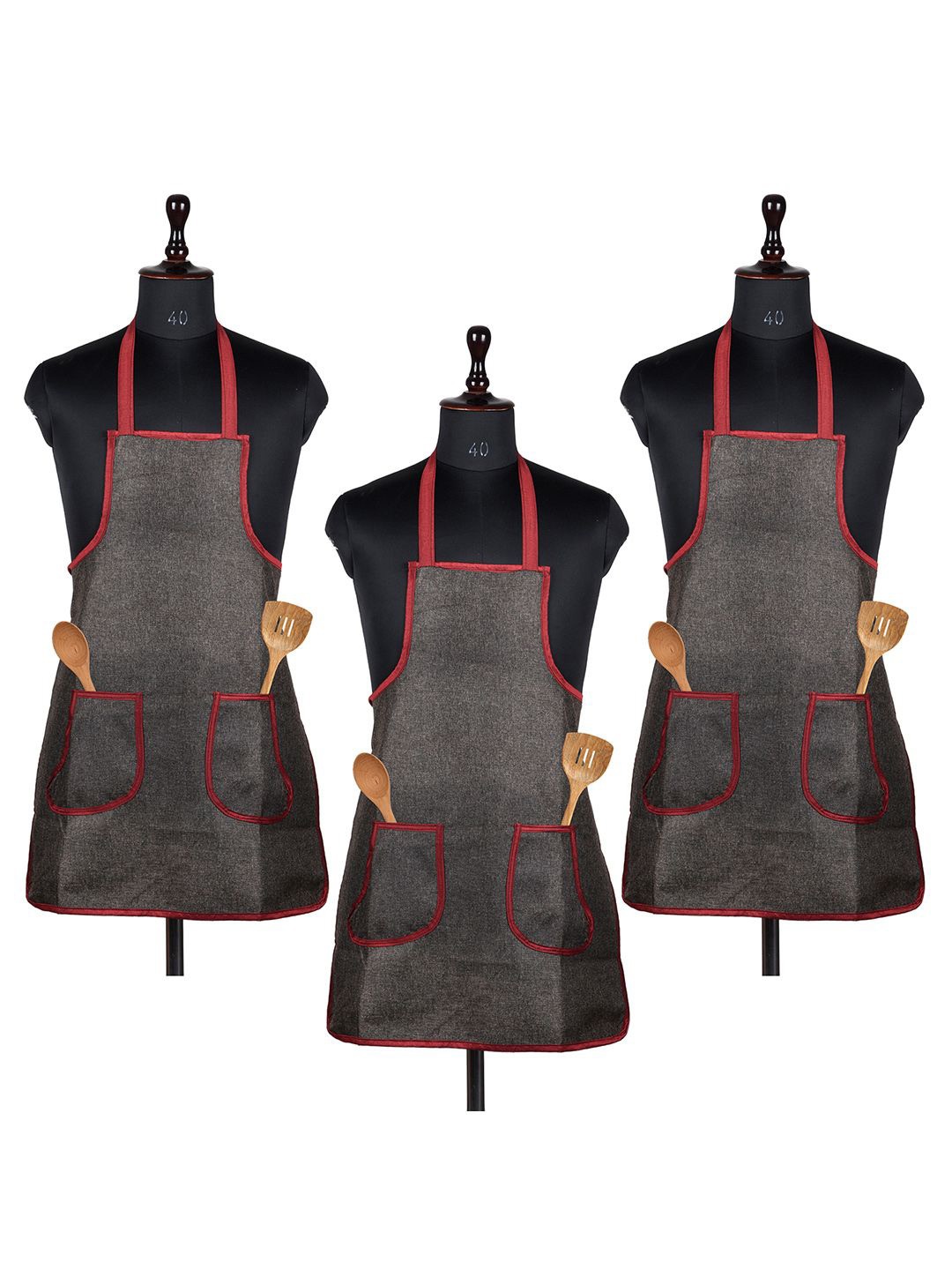 

Kuber Industries 3 Pieces Brown & Maroon Jute 2 Front Pocket Kitchen Aprons