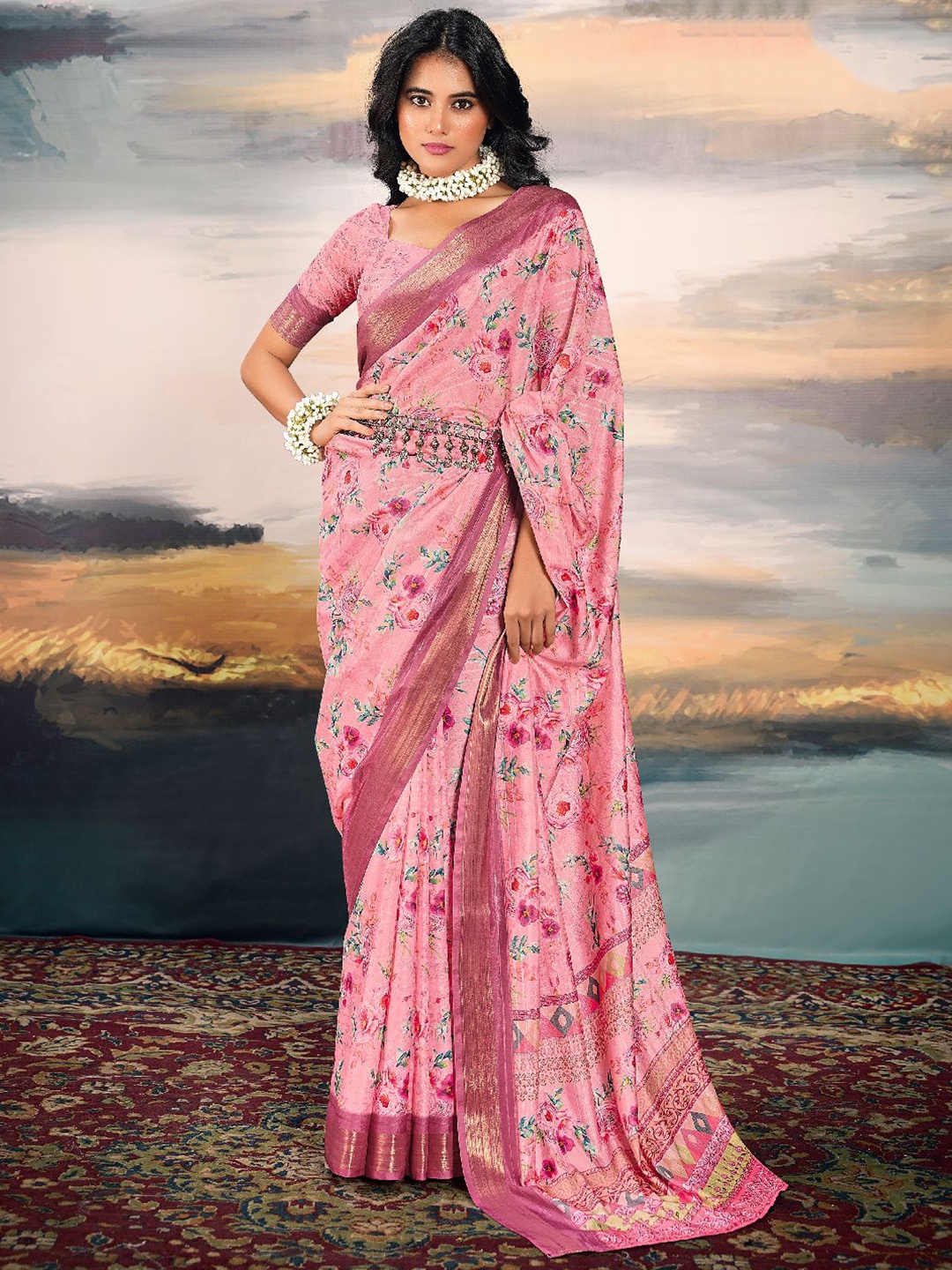 

DIVASTRI Floral Zari Saree, Pink