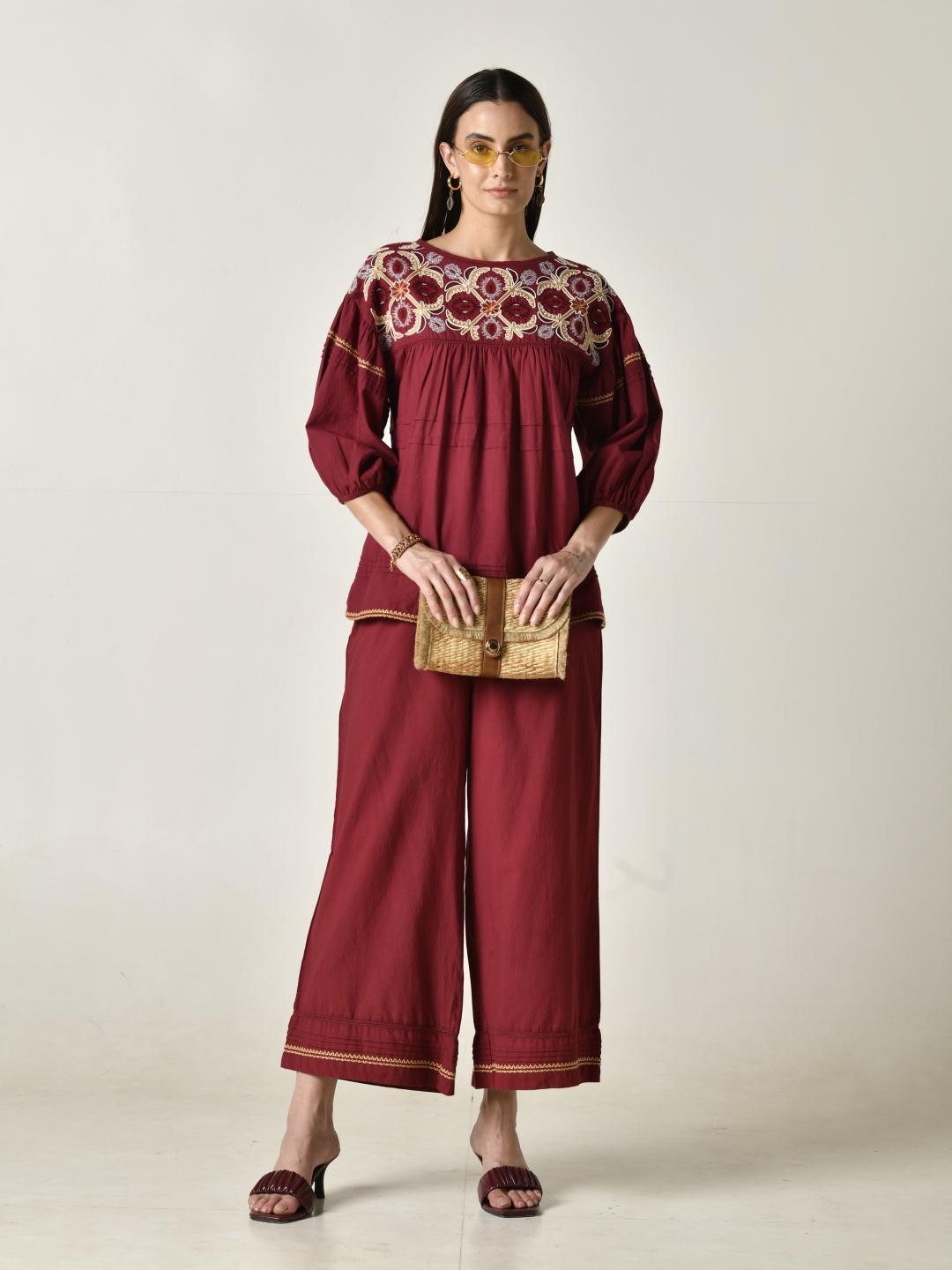 

STIL O STITCH Floral Embroidered Round Neck Top & Palazzos, Maroon