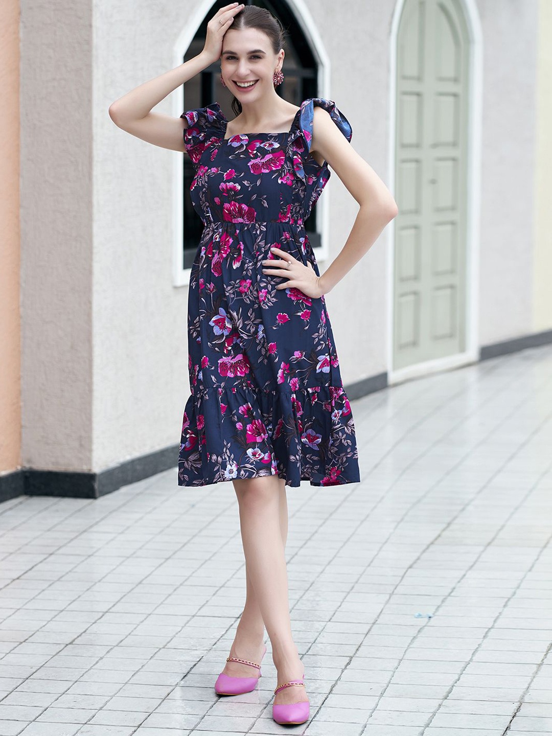 

Moda Rapido Floral Print Flared Sleeve Fit & Flare Midi Dress, Navy blue