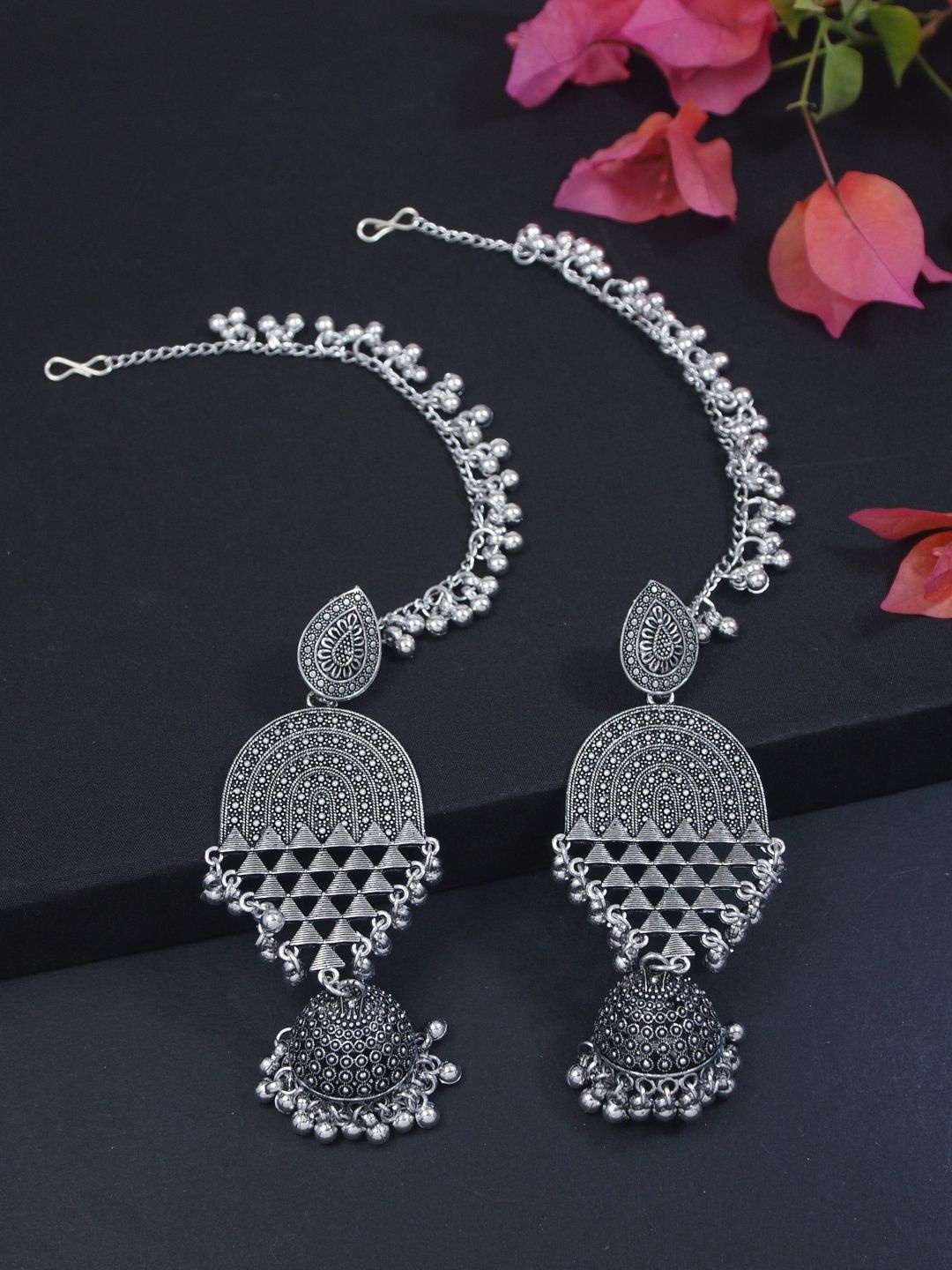 

I Jewels Silver-Plated Dome Shaped Oxidised Jhumkas With Earchains