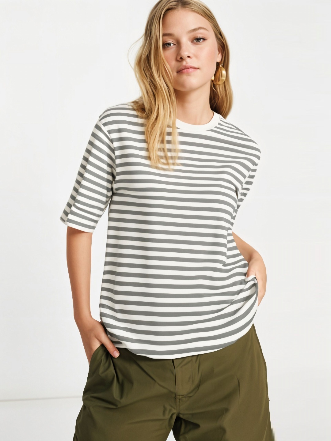 

DressBerry Women Striped Drop-Shoulder Sleeves Pockets T-shirt, Grey