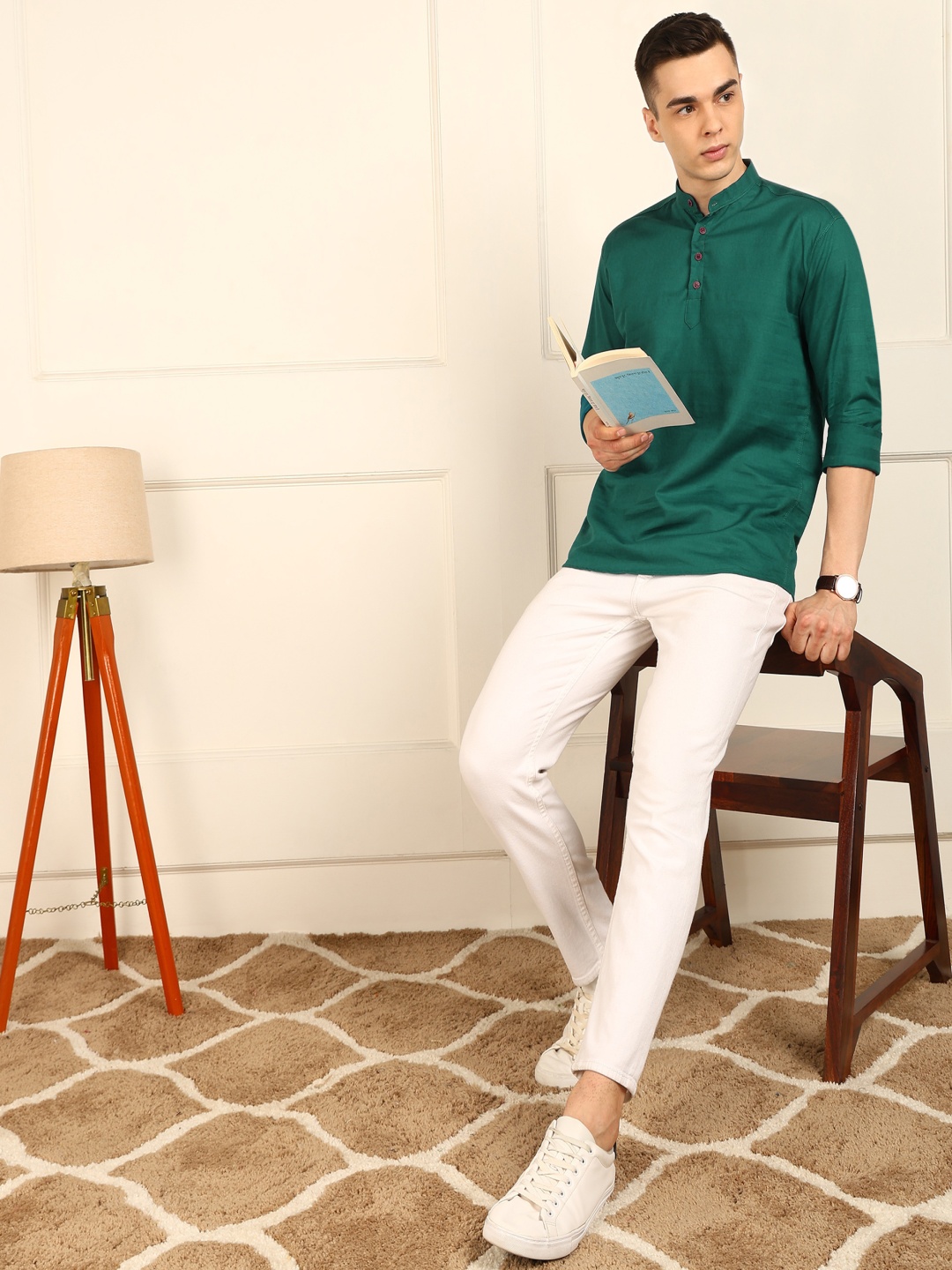 

PulseIQ Striped Band Collar Straight Short Kurta, Green