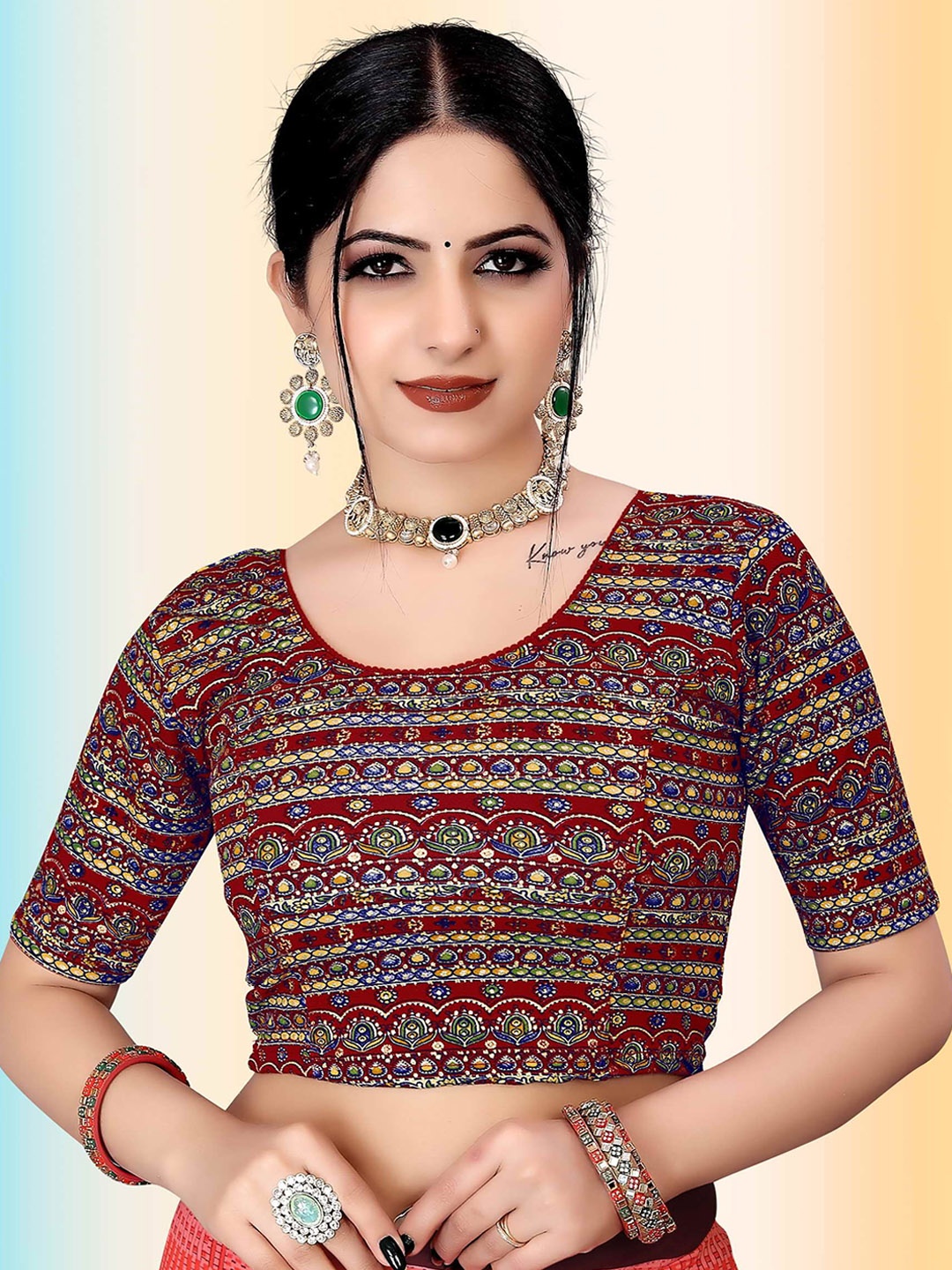 

TANISHM FEB TEX Printed Stretchable Saree Blouse, Maroon