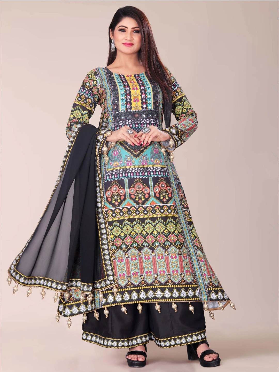 

NKV Floral Printed Round Neck Chanderi Silk A-Line Kurta With Palazzo & Dupatta, Black