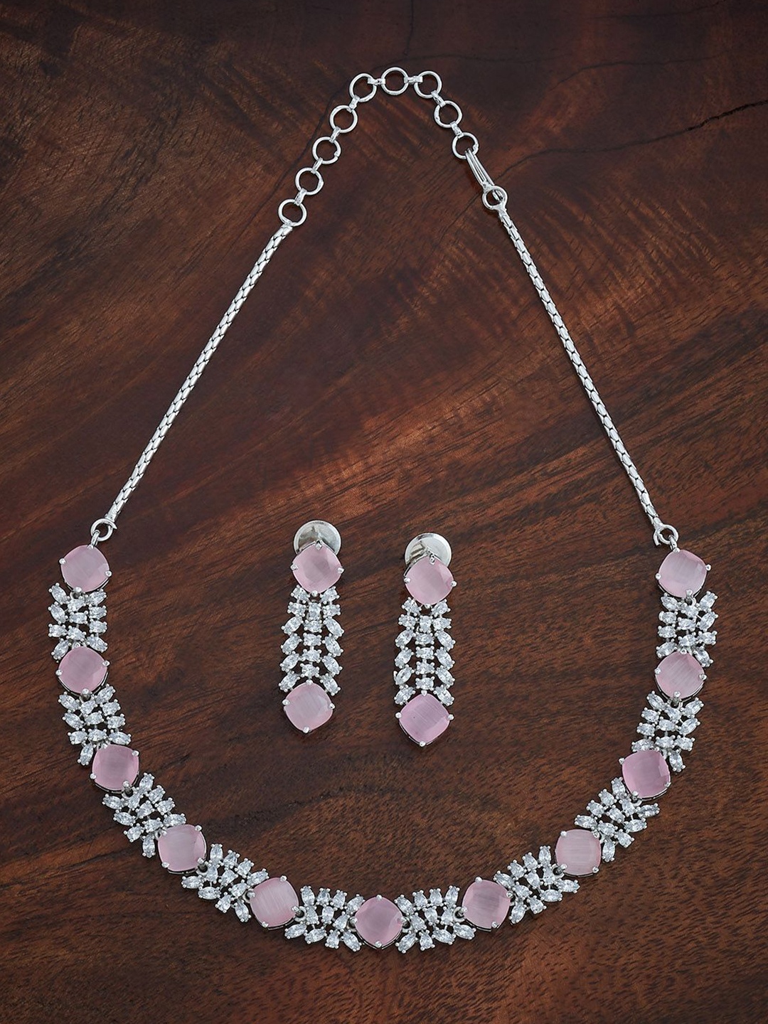 

Kushal's Fashion Jewellery Pink Rhodium-Plated Party Zircon Jewellery Set, Silver