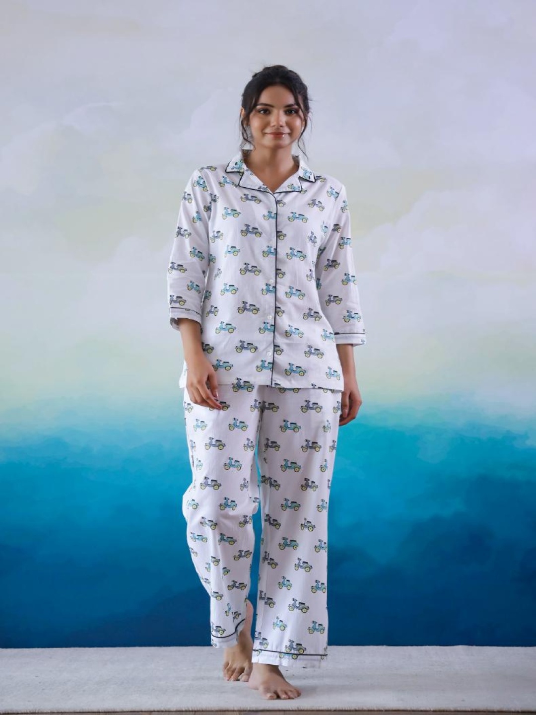 

FLAVIA CREATION Printed Shirt Collar Pure Cotton Shirt With Trousers, White